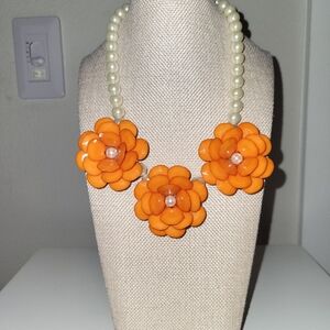 Orange Floral Statement Necklace with Faux Pearls